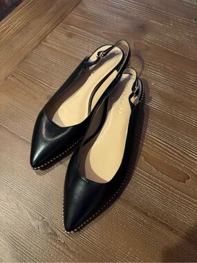 Coach Black Pointed Leather Slingback Flats with Stud Trim